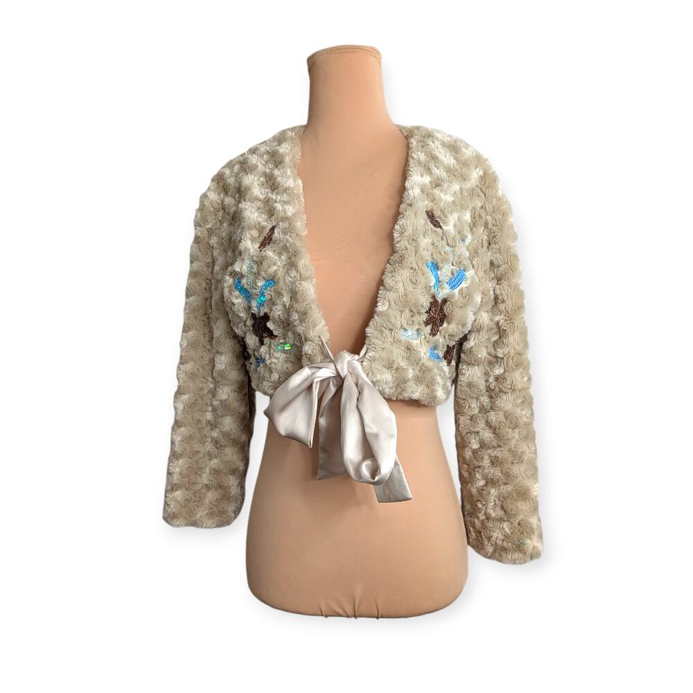 Kenzie tan bolero jacket ~ tie front with embellished faux fur